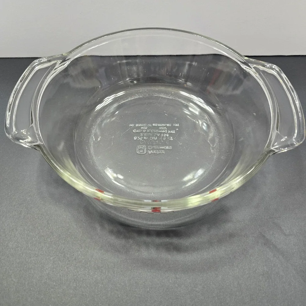 Anchor‎ Hocking Vintage Red Black White Flower 1.5 QT Casserole Dish Made In USA